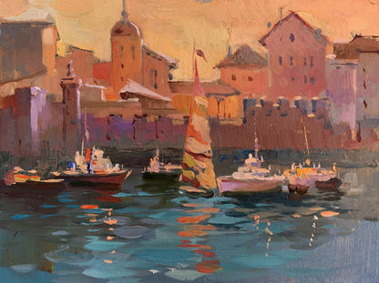Vibrant impressionist oil painting Evening at the yacht club by Yuriy Suprunchuk
