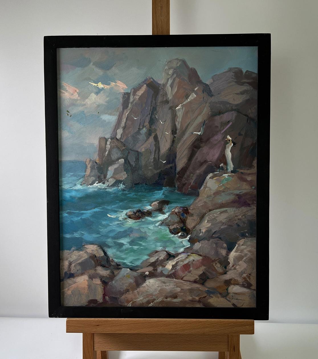 Oil painting Rocks off the coast by Yuriy Suprunchuk, rugged cliffs and waves