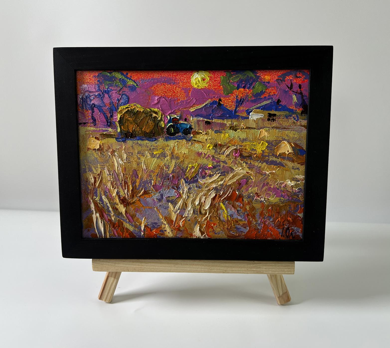 Oil painting Evening village by Oleksiy Ivanyuk, abstract hay bales scene