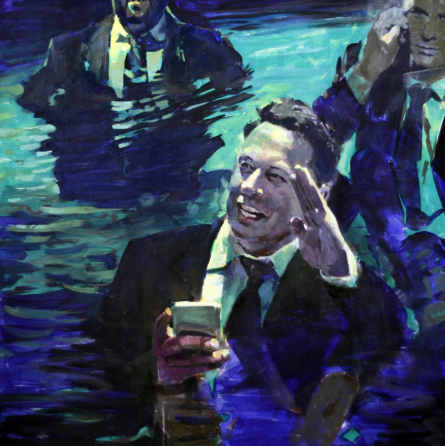 Stylized oil painting of Elon Musk smiling with smartphone underwater in suit