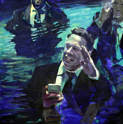 Stylized oil painting of Elon Musk smiling with smartphone underwater in suit