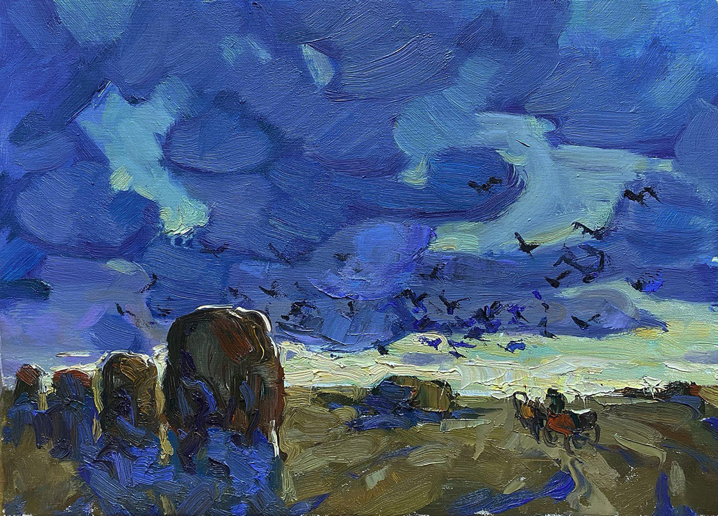 Oil painting The Long Road Home by Oleksiy Ivanyuk stormy sky silhouettes