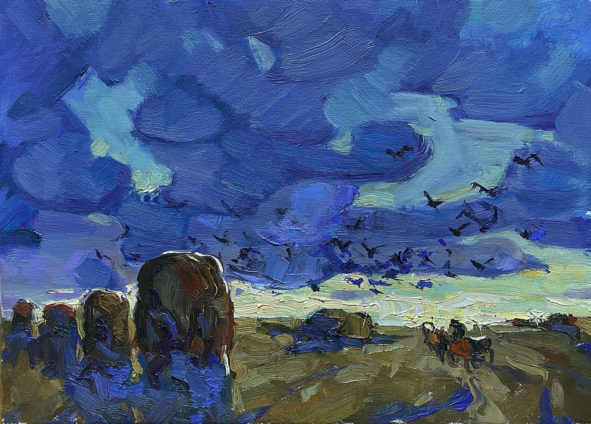 Oil painting The Long Road Home by Oleksiy Ivanyuk stormy sky silhouettes