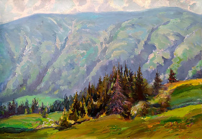 Vibrant impressionist oil painting of forest mountains by Leonid Pavlenko