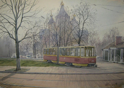 Watercolor painting of vintage red yellow tram in city morning by Valery Savenets