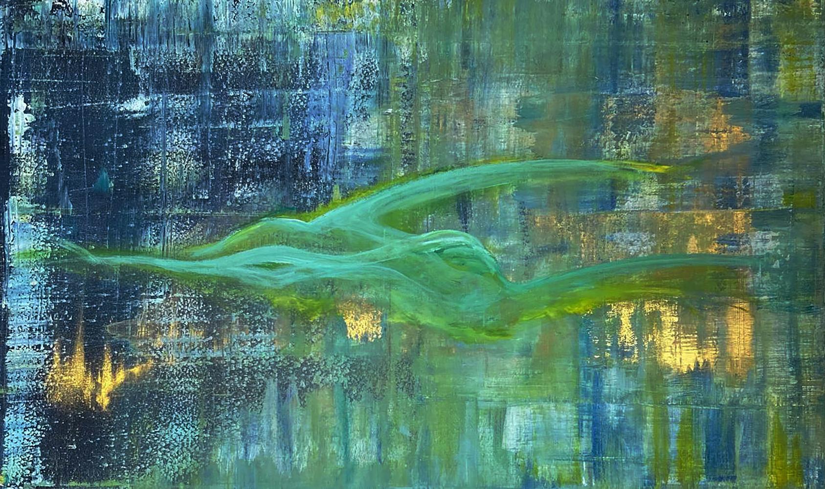 Acrylic painting Summer dream by Olga Melezhik, emerald-green abstract figure on blue gold canvas