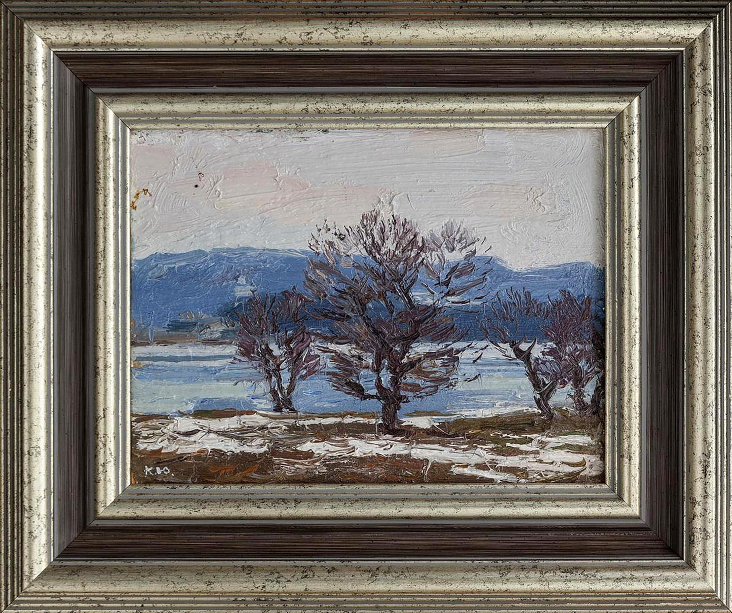 Oil painting The snow is melting by Yury Konovalov, silver-framed winter landscape