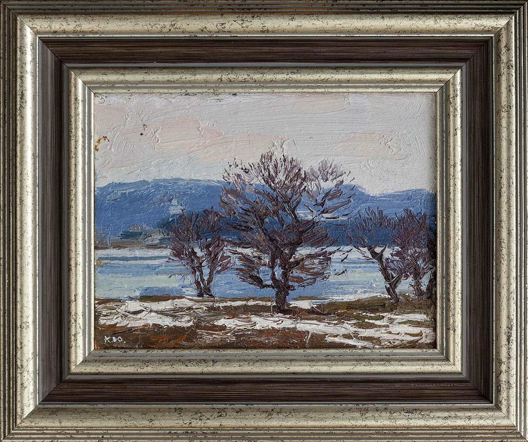 Oil painting The snow is melting by Yury Konovalov, silver-framed winter landscape