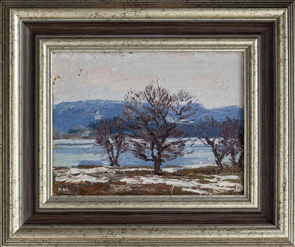 Oil painting The snow is melting by Yury Konovalov, silver-framed winter landscape