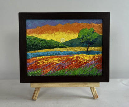 Oil painting A light breeze in the evening by V. Zadorozhnya, sunset hills and river