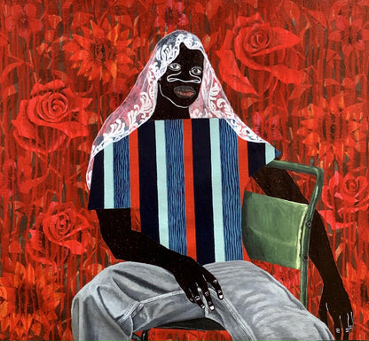 Acrylic painting In Silence Among the Roses by Akintomide Akinshola, figure in green chair