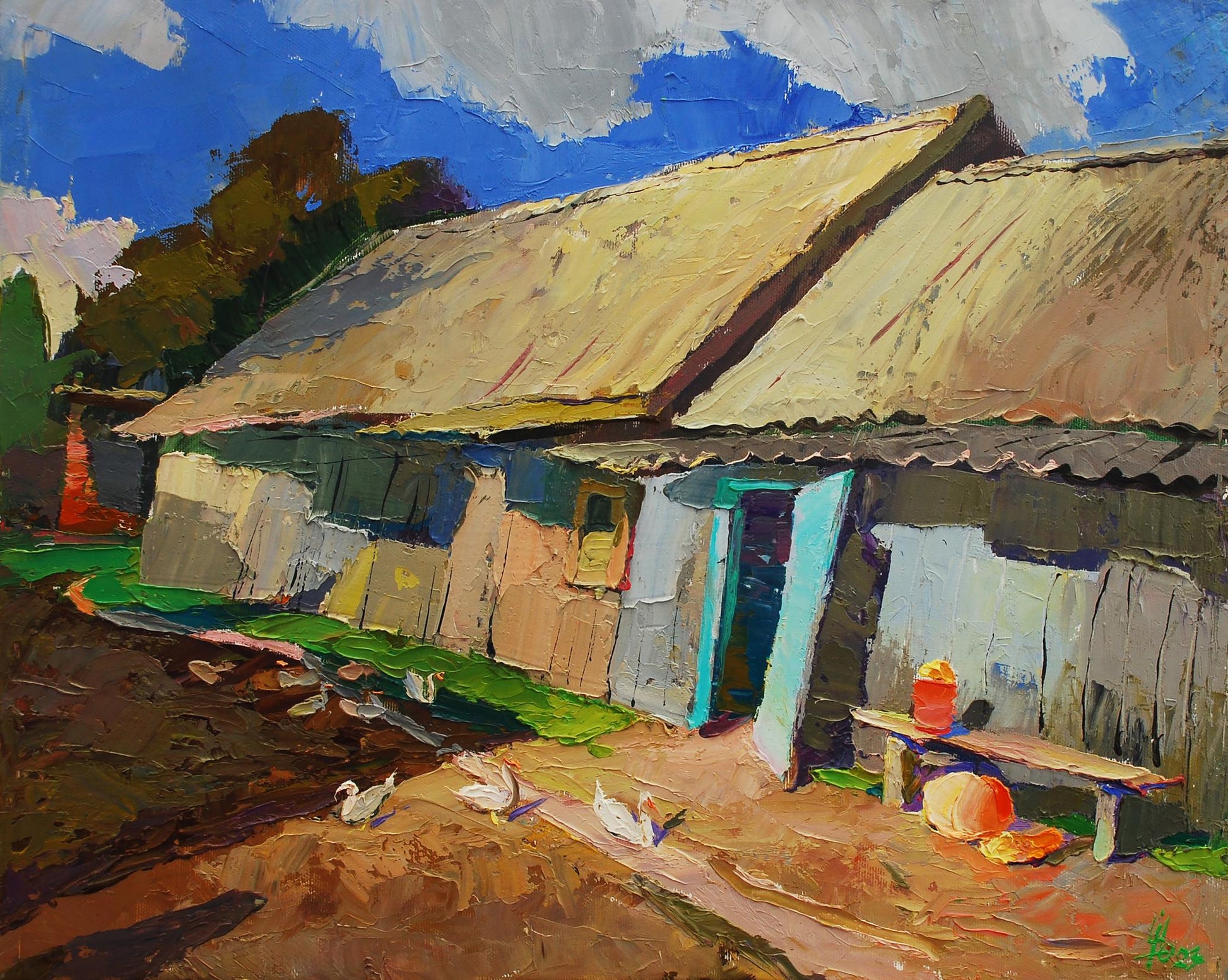 Oil painting of rustic wooden bench under thatched roof in cottage yard by Egor Shvachunov