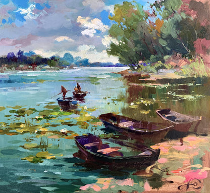 Vibrant impressionist oil painting by Yuriy Suprunchuk: serene lake with rowboats