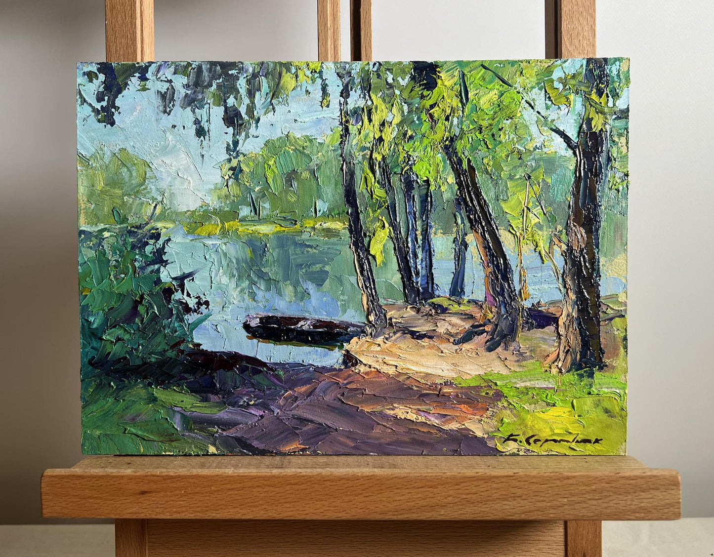 Vibrant impressionist oil painting of Boris Serdyuks secluded wooded lakeside scene