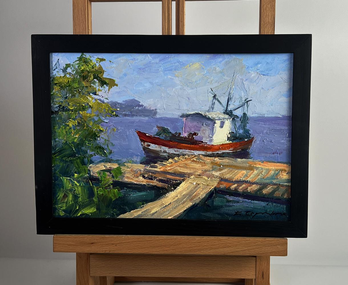 Oil painting Departure by river ferry Boris Serdyuk, red boat at pier
