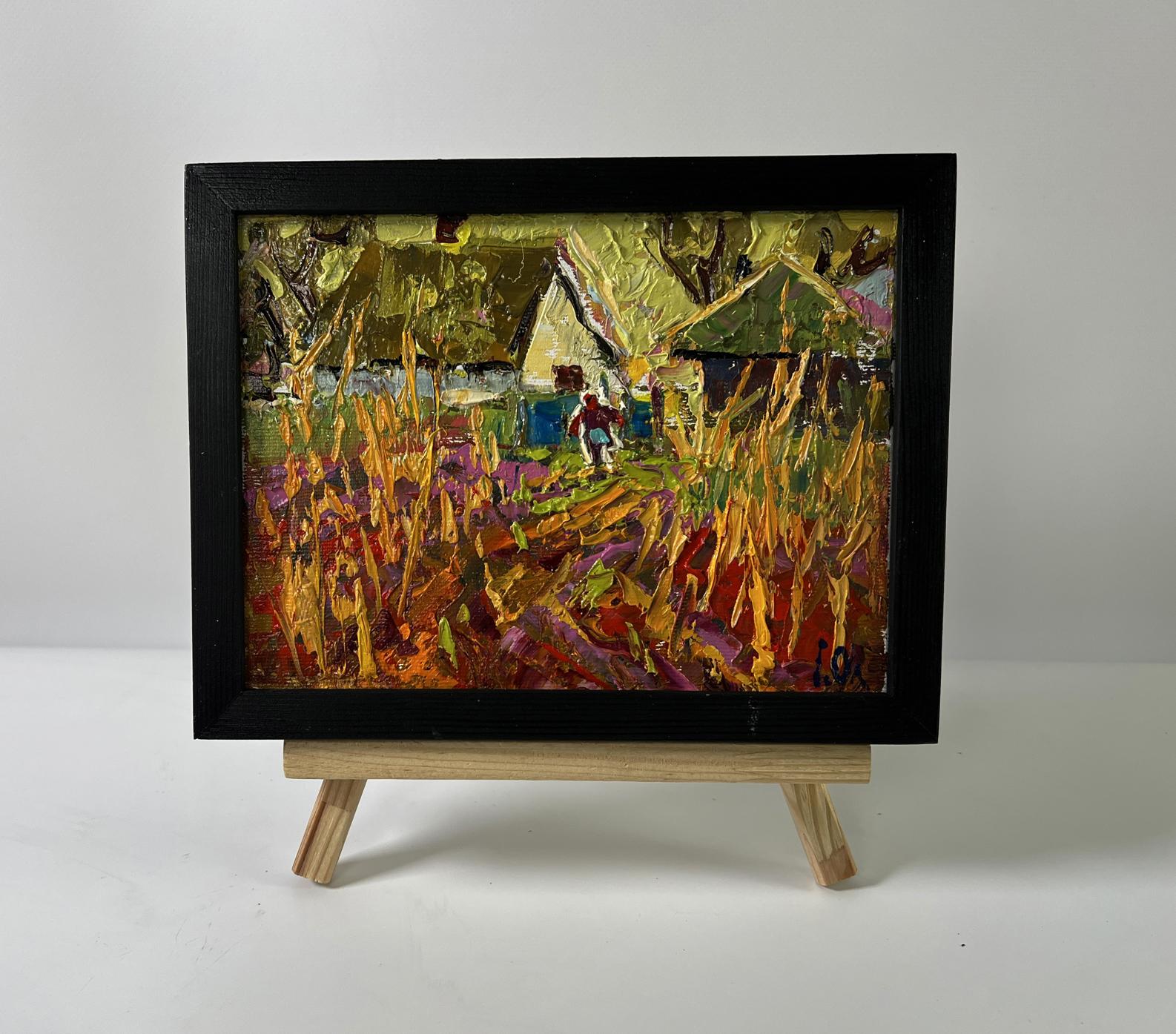 Oil painting Warm autumn in the village by Oleksiy Ivanyuk in black frame