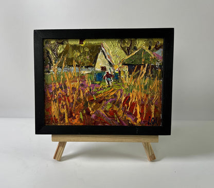 Oil painting Warm autumn in the village by Oleksiy Ivanyuk in black frame