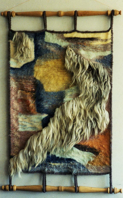 Handmade Autumn Night tapestry by Vasily Korkishko, textured beige wool figure on blue earth tones