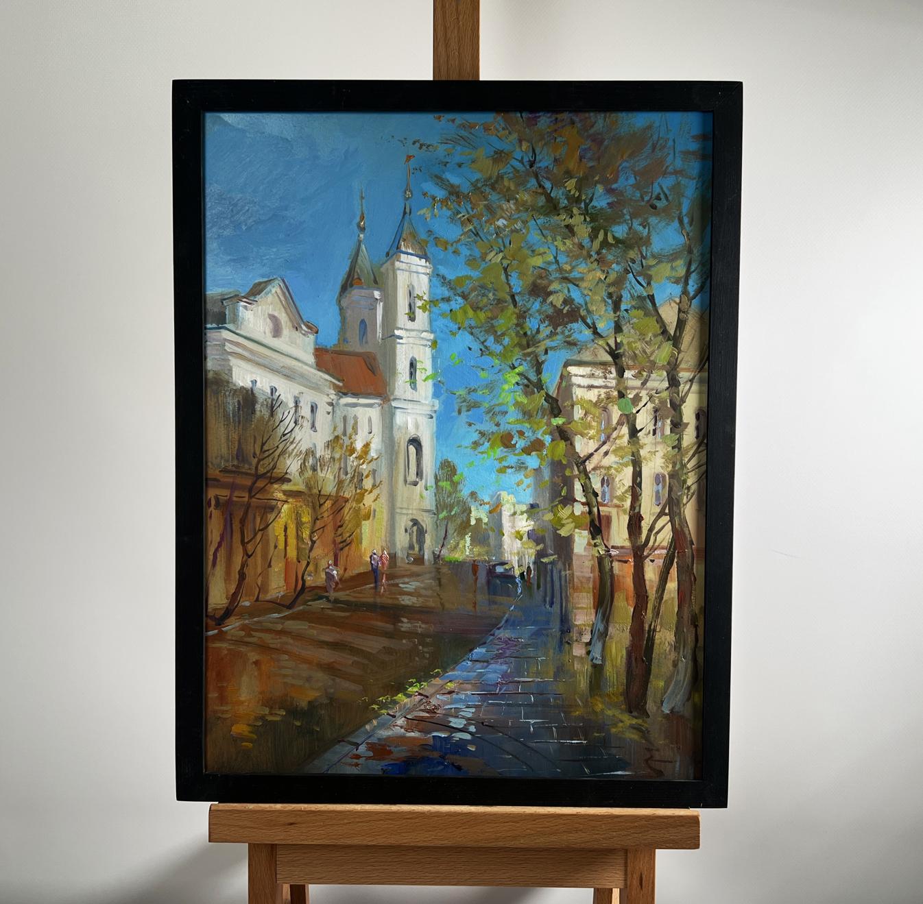 Oil painting Autumn City Symphony by Yuriy Suprunchuk in black frame