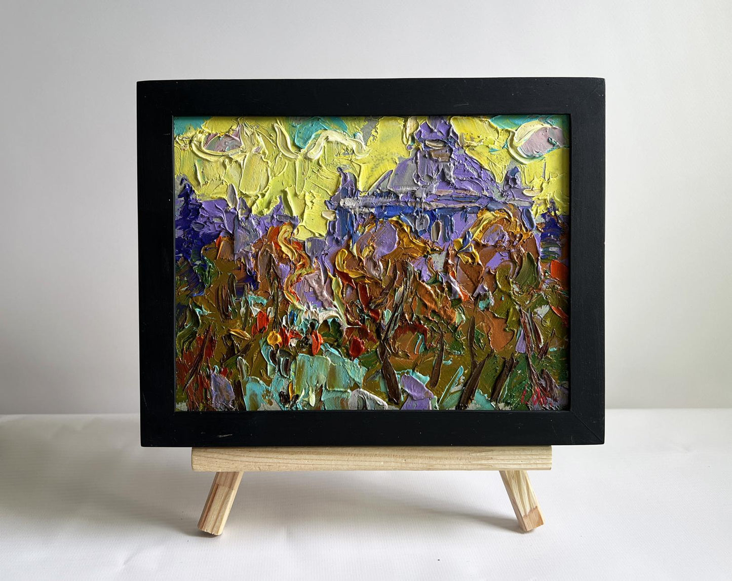 Oil painting City yellow sunset by Oleksiy Ivanyuk in black frame