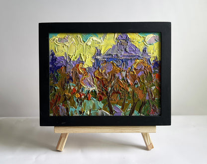 Oil painting City yellow sunset by Oleksiy Ivanyuk in black frame