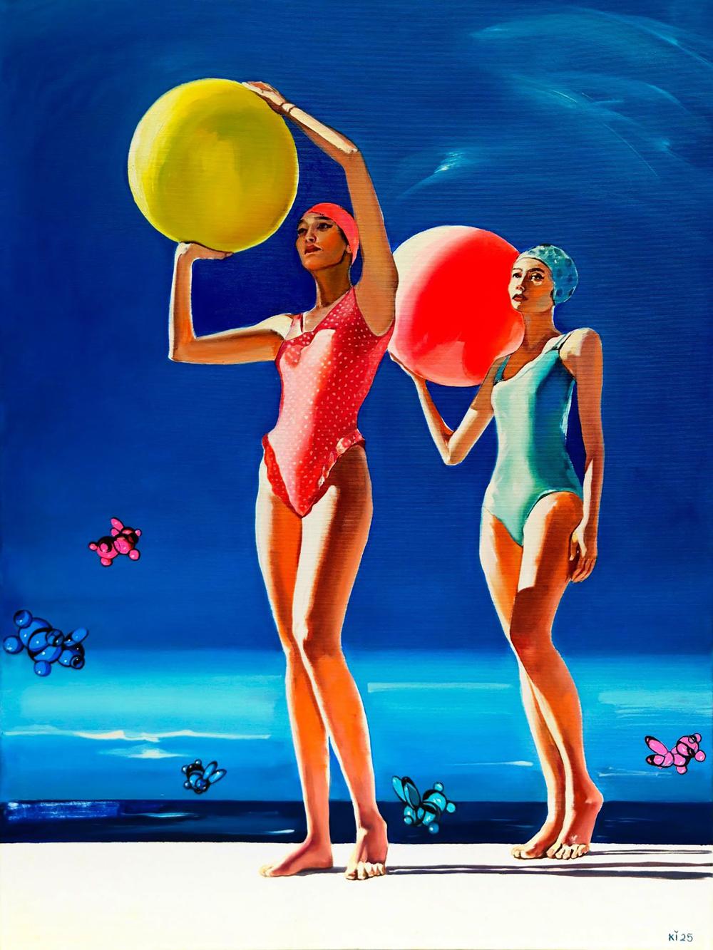 Vibrant red polka-dot swimsuit on woman with yellow beach ball by Igor Konovalov