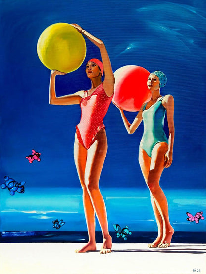 Vibrant red polka-dot swimsuit on woman with yellow beach ball by Igor Konovalov