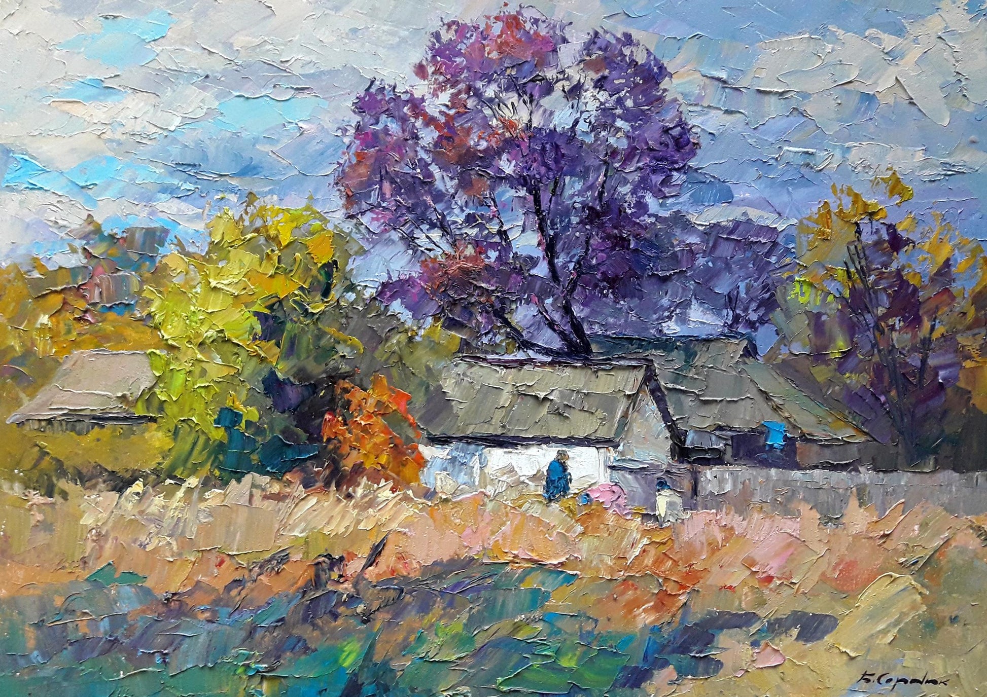 Oil painting Autumn chores by Boris Serdyuk: white house amid autumn trees