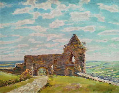 Oil painting of Leonid Pavlenko castle ruins on grassy hill