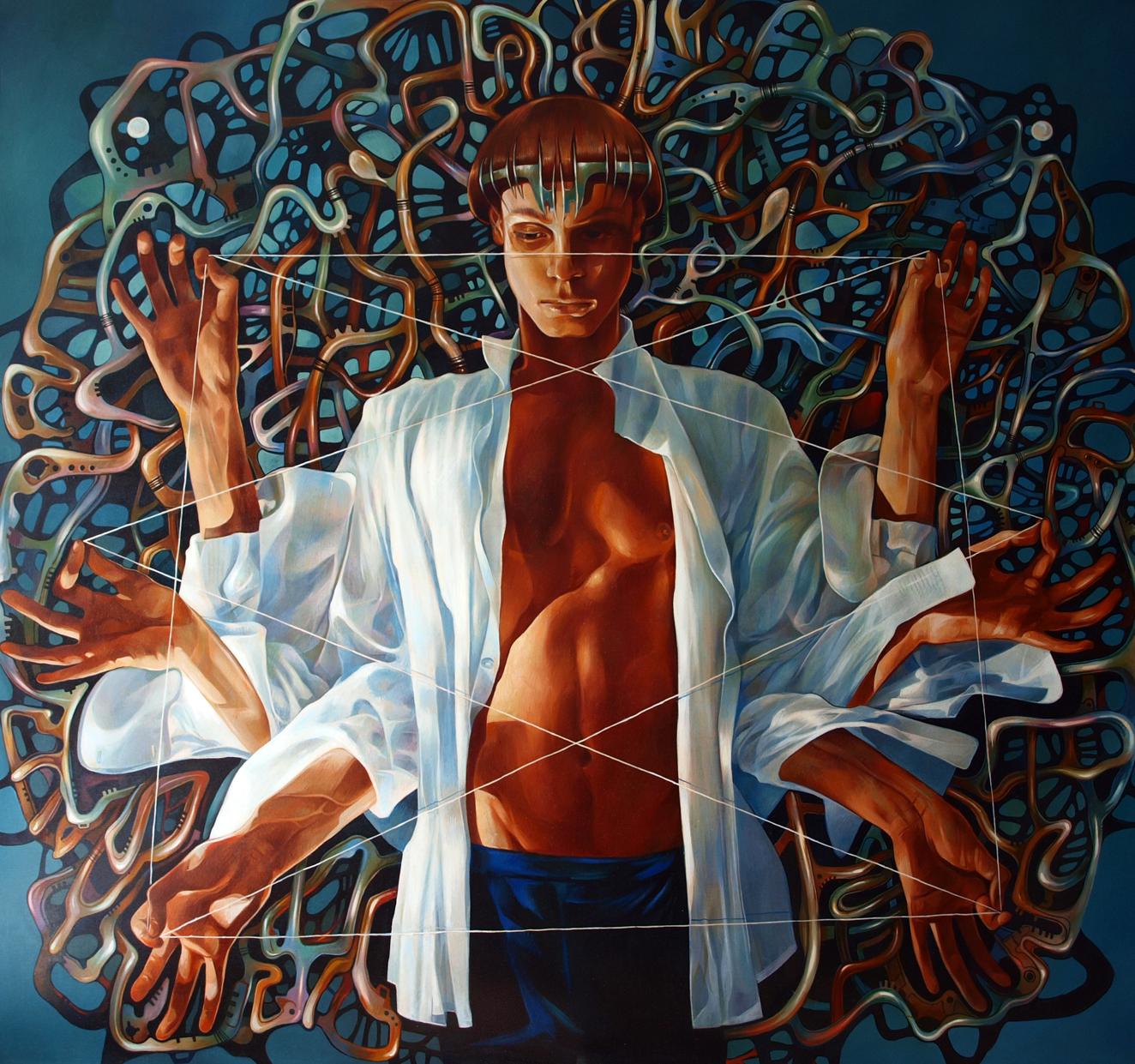 Surreal oil painting Banyan by Konsta G. Amelinn: multi-armed man in open shirt