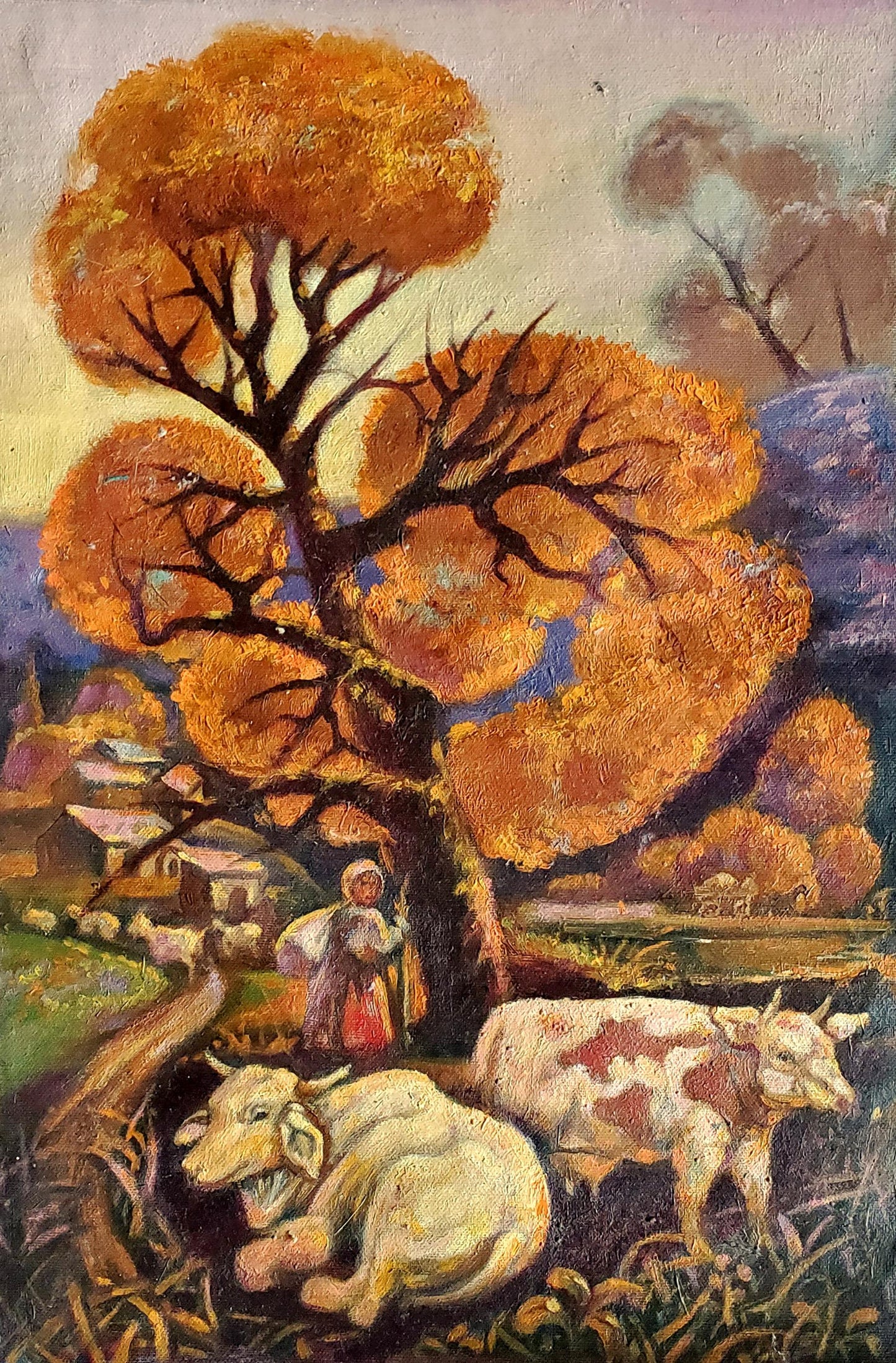 Oil painting Autumn Flock by Daniil Litvinov with fiery orange tree foliage