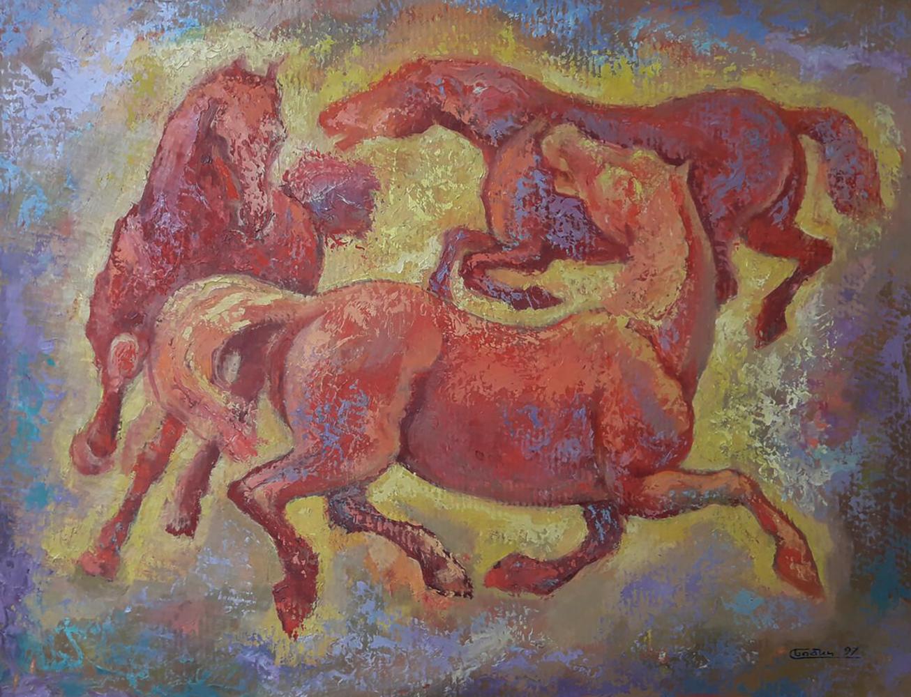 Vibrant red orange horses running in circles by Vasily Korkishko oil painting
