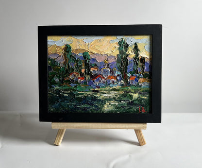 Oleksiy Ivanyuk oil painting of riverside city village in impressionist style