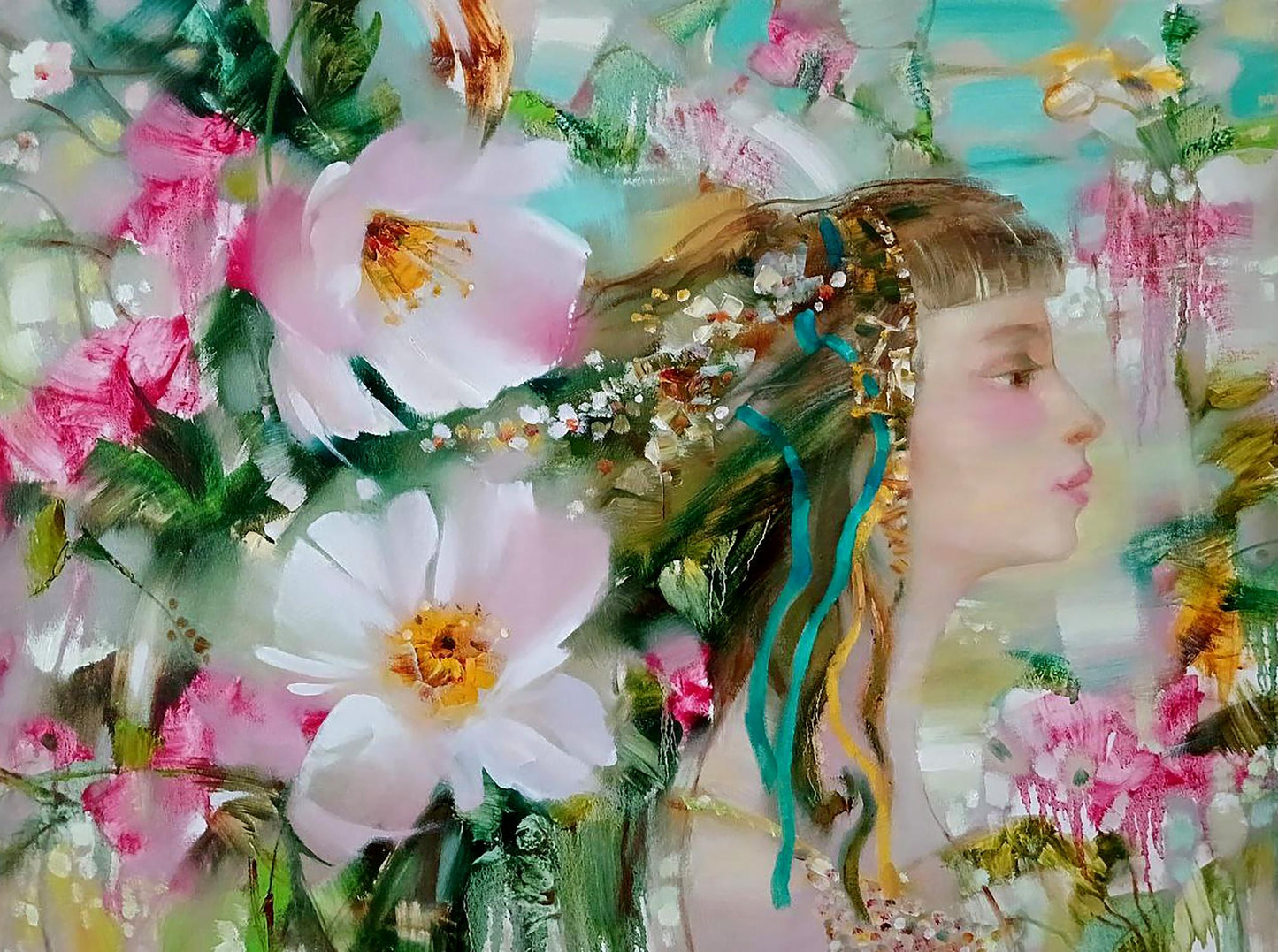 Abstract oil painting April by Anatoly Tarabanov: woman in floral crown