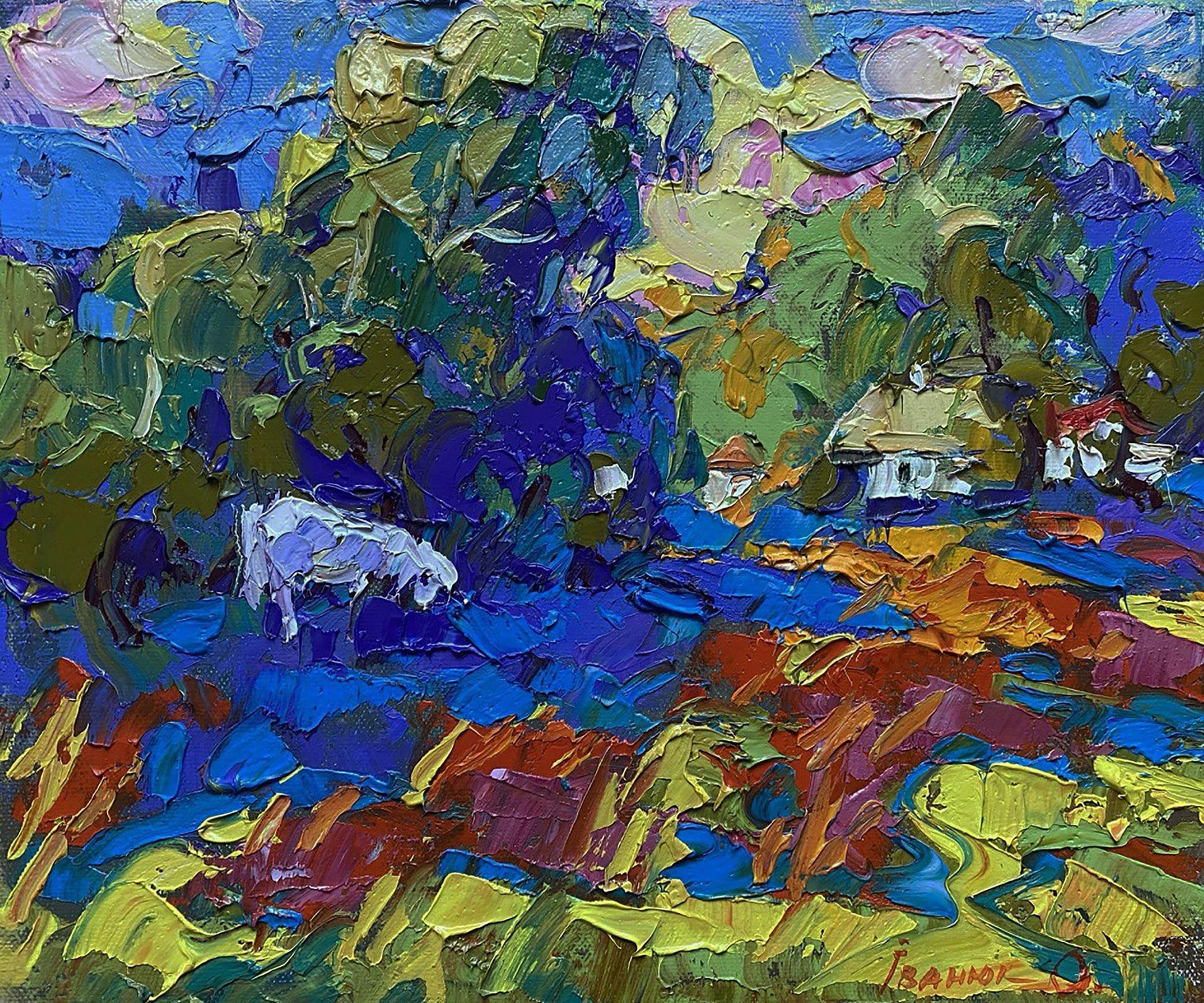 Oil painting In the Evening Field by Oleksiy Ivanyuk with white sheep