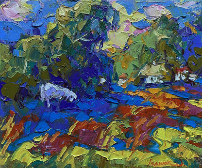 Oil painting In the Evening Field by Oleksiy Ivanyuk with white sheep