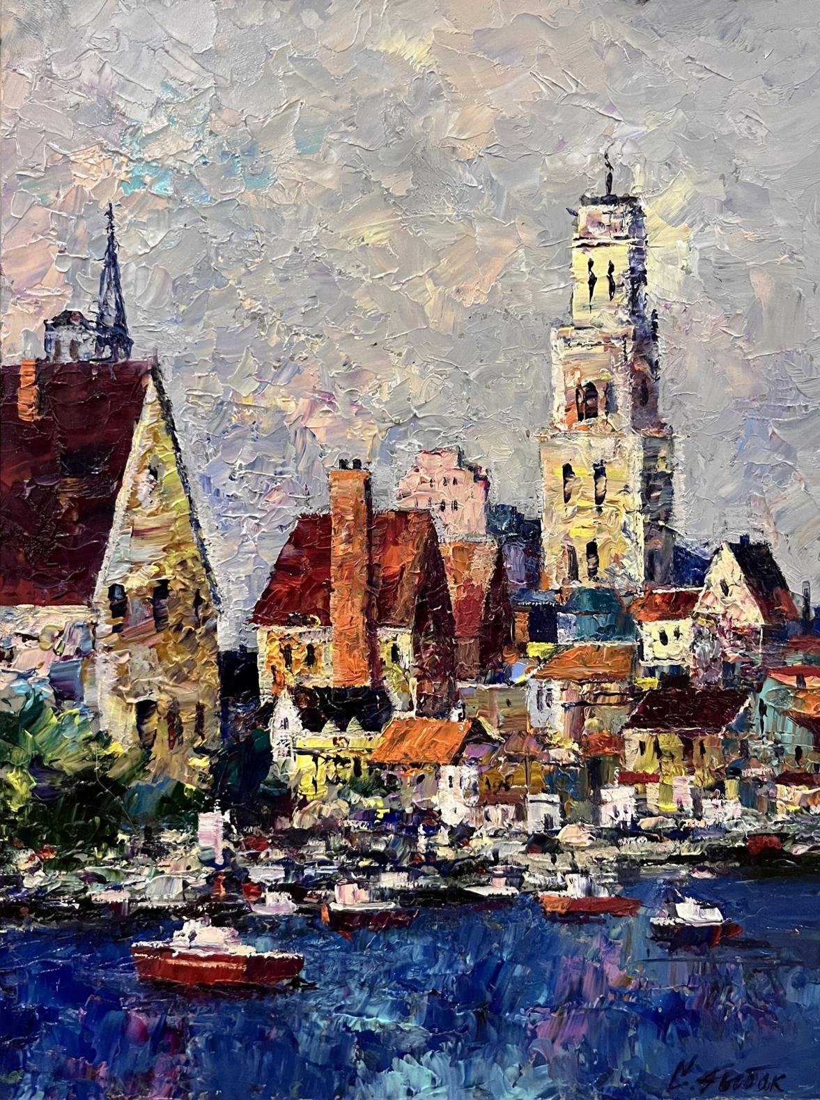 Impressionistic oil painting of coastal town with city boats at ferry by Serhiy Rybak
