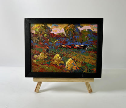Oil painting In the morning in the field by Oksana Ivanyuk in black frame
