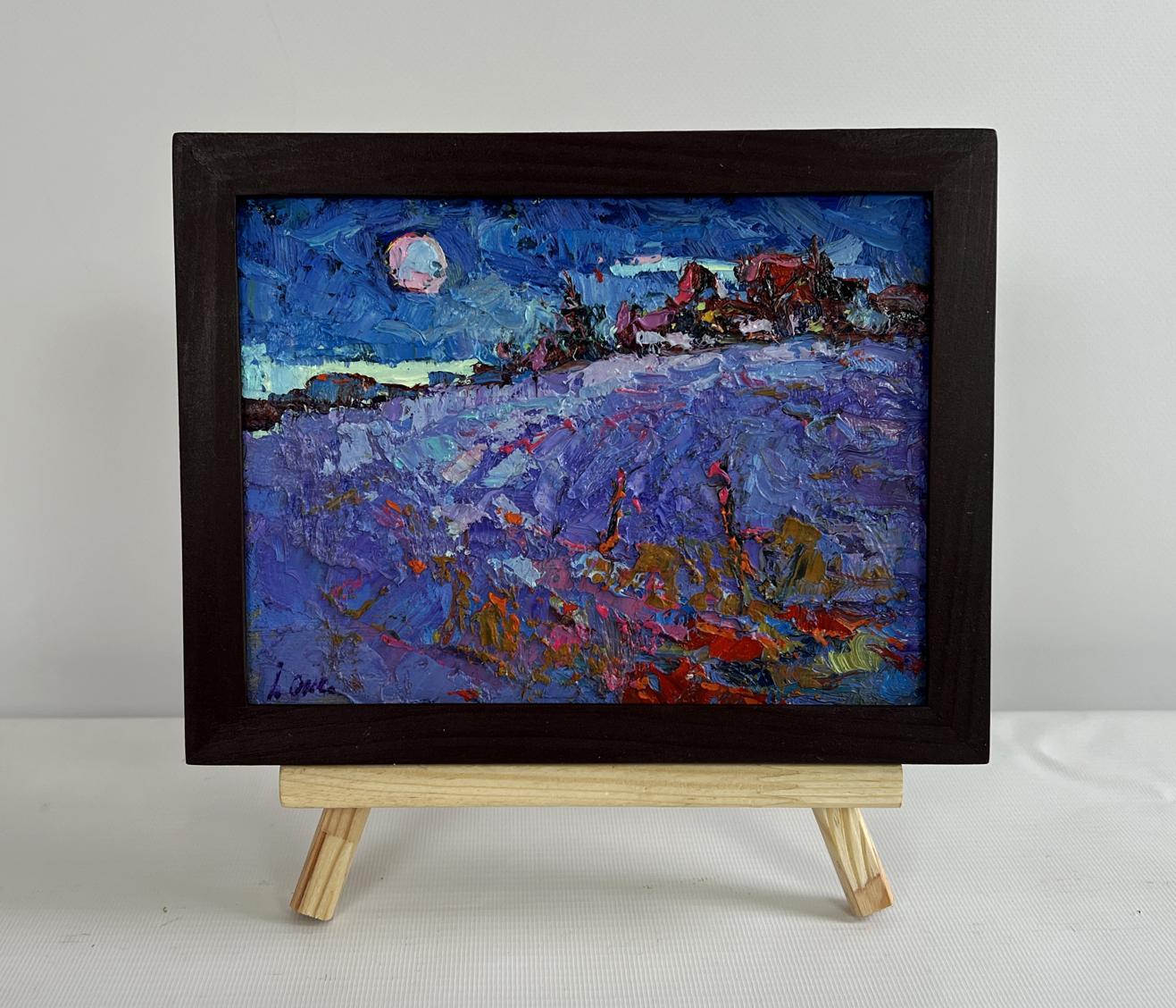 Oil painting Moonlit night in the field by Oksana Ivanyuk in dark frame