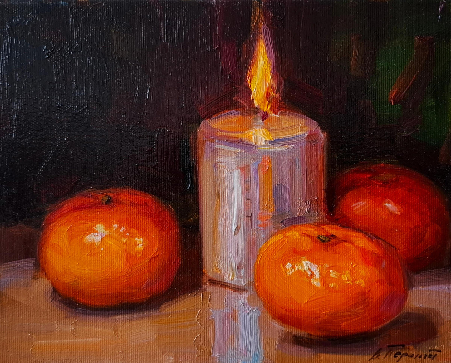 Oil painting of white candle with flickering flame and three orange tangerines by Vyacheslav Pereta
