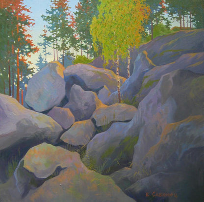 Oil painting Among the Stones by Valery Savenets: autumn forest with gray rocks
