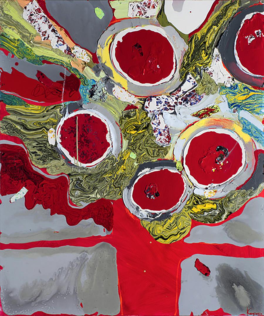 Oil painting Winter Flowers by Natalia Korf-Ivaniuk with red circles