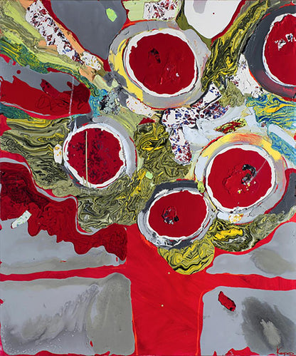 Oil painting Winter Flowers by Natalia Korf-Ivaniuk with red circles