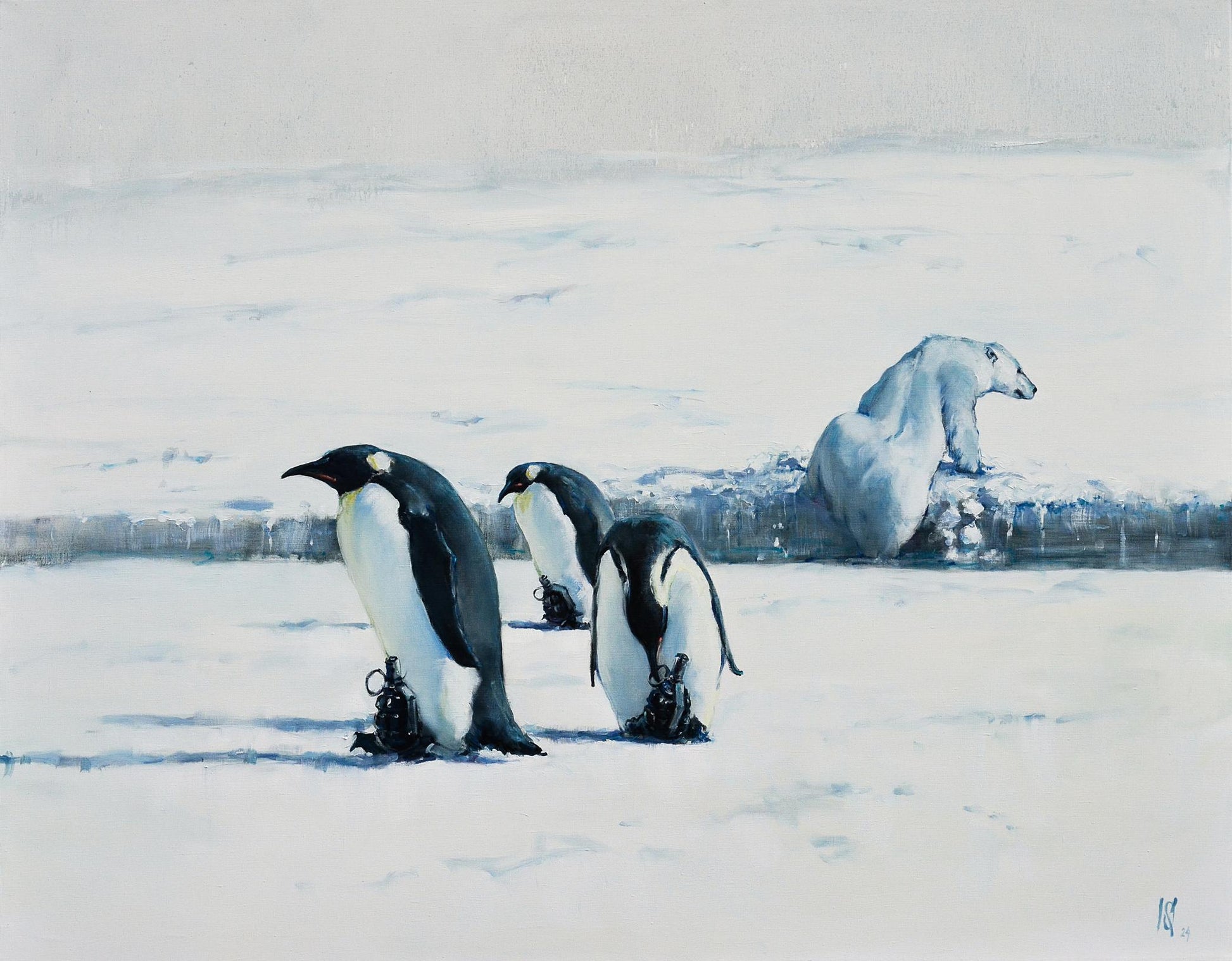 Oil painting Cold Gulf Stream by Oleg Kateryniuk: emperor penguins and polar bear on snow