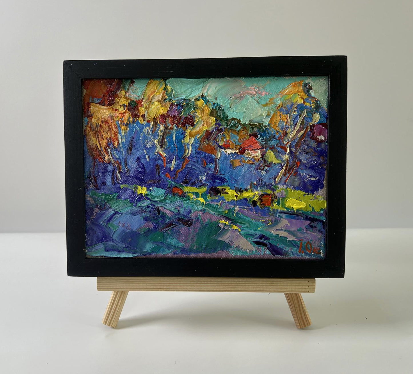Oil painting Autumn blue forest by Oksana Ivanyuk in black frame
