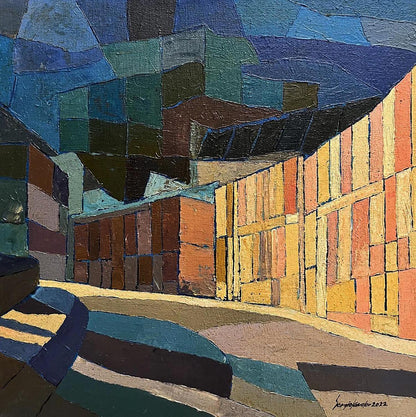 Oil painting Night city by Serhiy Kovalev with bold geometric blocks