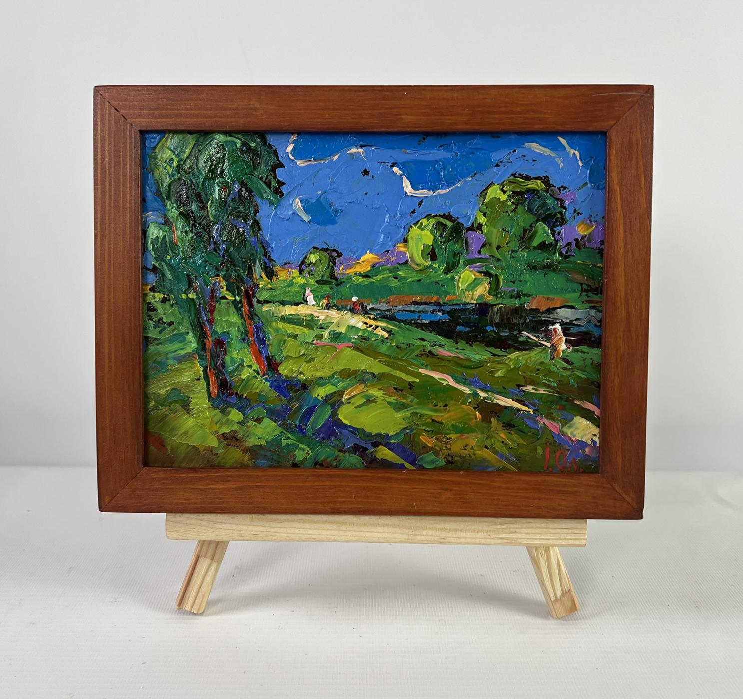 Oil painting Sky through green branches by Oleksiy Ivanyuk in wooden frame