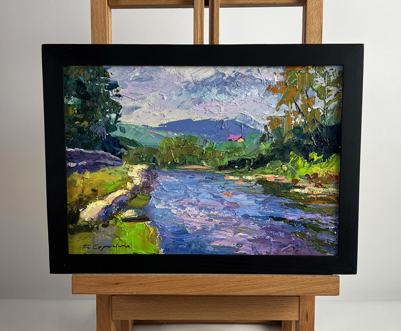 Framed impressionist oil painting of Boris Serdyuk mountain river landscape