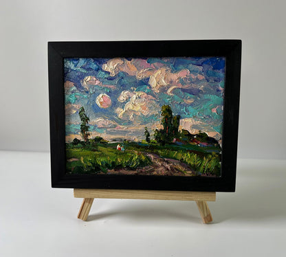 Oil painting Outside the Village by Oksana Ivanyuk, vibrant landscape