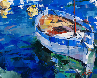Oil painting Emerald Volodymyr Gluhomanyuk: white blue boat on vibrant water